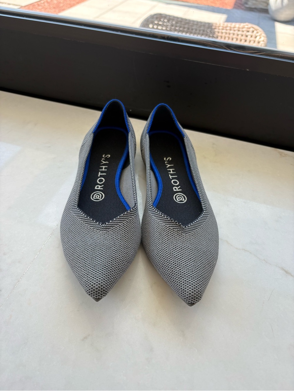 Rothy's Pointed Flat in Gray with Blue Trim